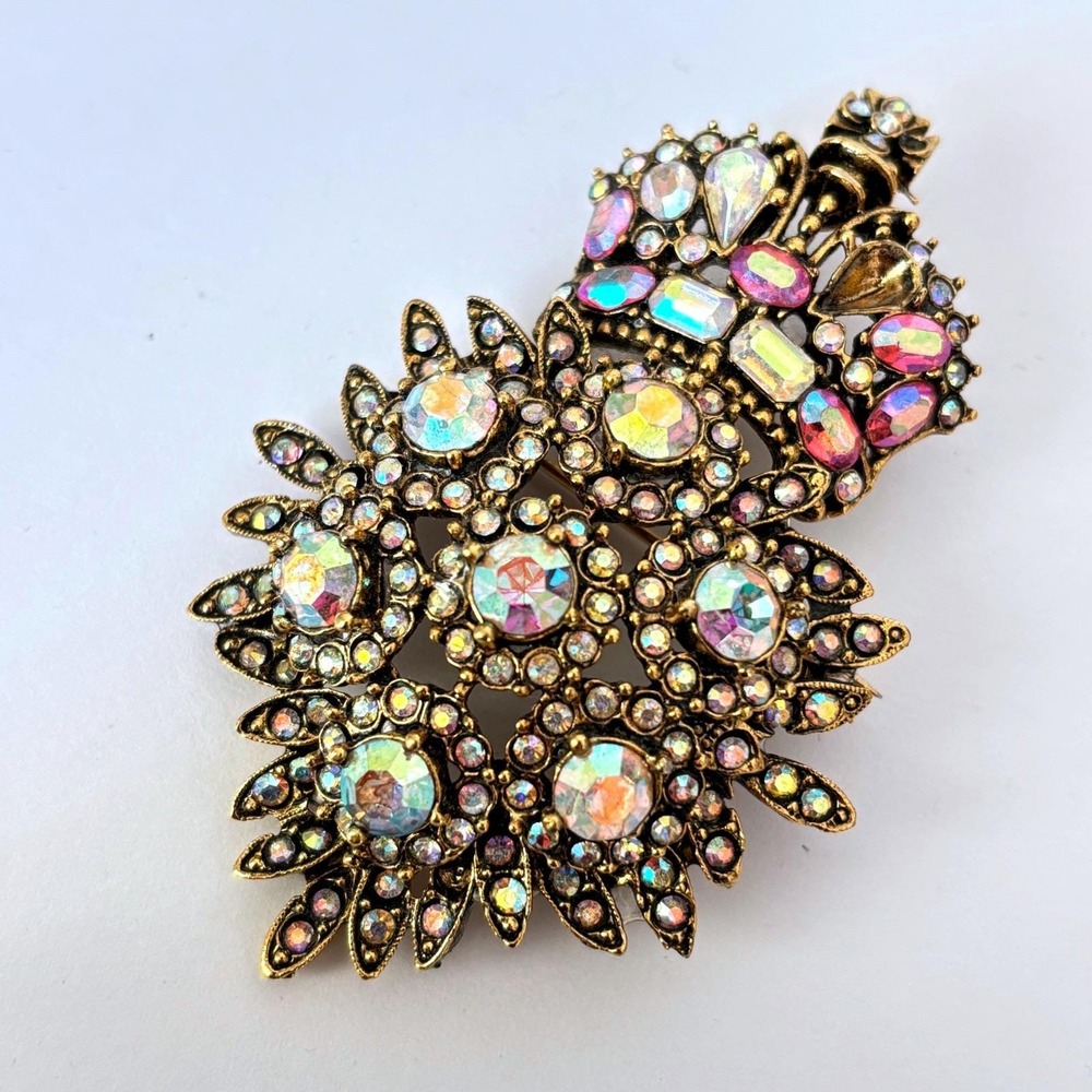 Vtg R Serbin Brooch Crown Royal Crest Gold Tone Rhinestone Aurora Borealis *Read